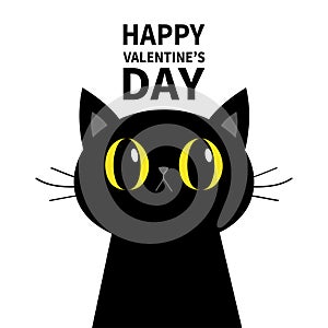 Happy Valentines Day. Black cat silhouette. Big yellow eyes. Moustaches. Cute cartoon character. Baby pet animal collection. Happy