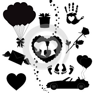 Happy valentines day black icons silhouette set isolated on white background