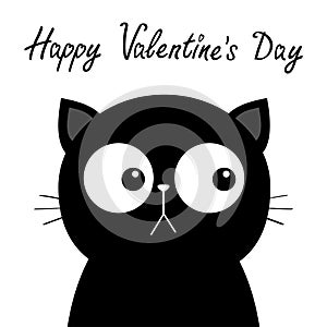 Happy Valentines Day. Black sad cat head face with big eyes. Cute cartoon kawaii funny character. Pet baby print collection. Flat