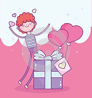 Happy valentines day, boy with gift box and balloons shaped hearts love romantic