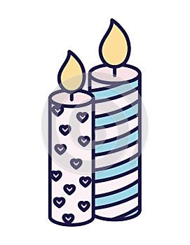 Happy valentines day burning candles love hearts decoration ribbon