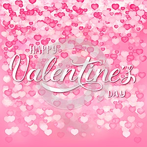 Happy Valentines Day calligraphy hand lettering on soft pink background with 3d hearts confetti. Easy to edit vector template