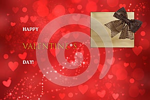 Happy valentines day card. Abstract festive love bokeh red hearts background texture with glitter ribbon bow on gold background,