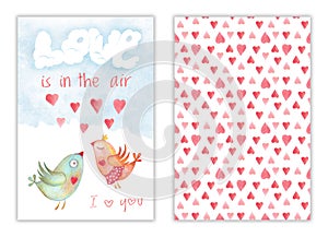 Happy Valentines day card with birds and hearts