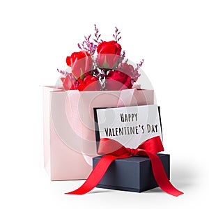 Happy valentines day card on black gift box and rose in paper bag isolated on white background