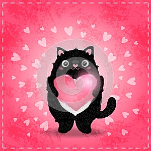 Happy Valentines day card with cat and heart