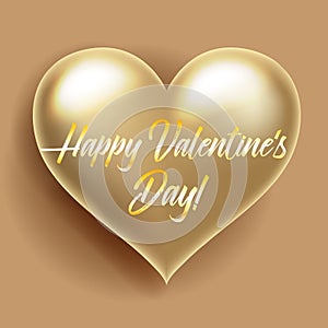 Happy Valentines Day card. Gold glossy 3D heart shape isolated symbol of love, an element for decorating holidays