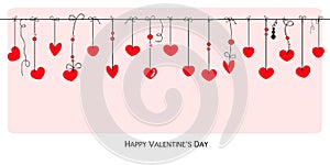 Happy Valentines Day card with hanging Love Valentines hearts banner vector