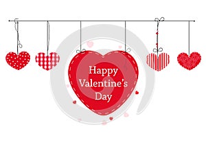 Happy Valentines Day card with hanging Love Valentines hearts vector background. Happy Valentine`s Day text vector