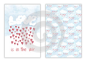 Happy Valentines day card with hearts and clouds