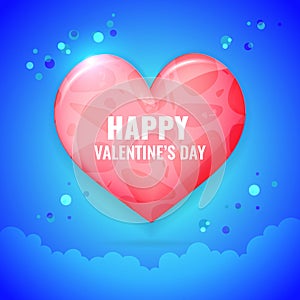 Happy Valentines day card. red heart on blue background with clouds. Love, romantic concept.