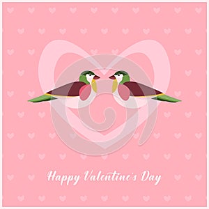 Happy Valentines Day Card with two Birds in Heart. Small Hearts Pattern on Background