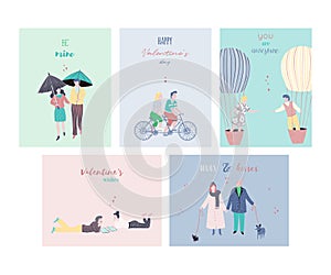 Happy Valentines day cards set. People in love with typography quotes. Happy dating couples. Design template for greeting card, in