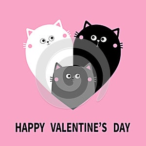 Happy Valentines day. Cat heart set. Mother, father, bay. Black White Yin Yang kitty kitten. Couple family. Cute cartoon kawaii