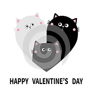 Happy Valentines day. Cat heart set. Mother, father, bay. Couple family. Black White Yin Yang kitty kitten. Cute cartoon kawaii