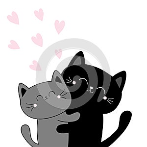 Happy Valentines day. Cat hugging couple family. Pink heart set. Hug, embrace, cuddle. Black Gray contour kitty kitten. Cute funny