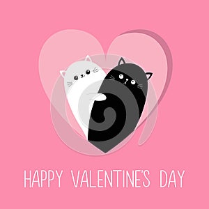 Happy Valentines day. Cat set in heart. Hug, embrace, cuddle. Hugging couple family holding heart. Black White Yin Yang kitty