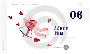 Happy Valentines Day Character Landing Page. Cheerful Man Cupid with White Wings Flying in Sky with Bow and Arrow