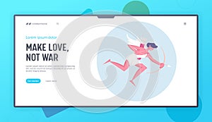Happy Valentines Day Character Website Landing Page. Cupid with Wings Wearing White Toga Flying in Sky