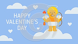 Happy Valentines Day composition cupid holding bow and arrow and smiling