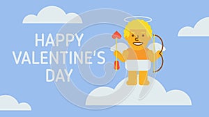 Happy Valentines Day composition cupid holding bow and arrow and smiling. Greeting video card