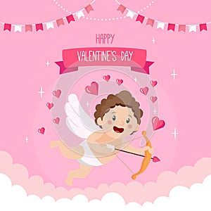 Happy valentines day concept. Cute catrtoon cupid with bow and arrow on pink background.