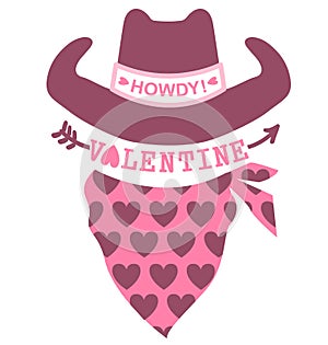 Happy Valentines day Country Farm with Cowboy hat and bandanna text decoration. Pink vector illustration Howdy Valentine