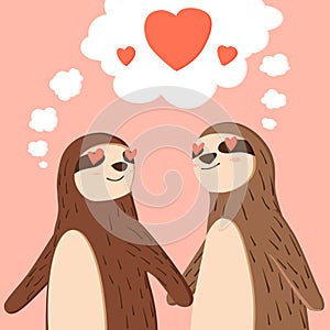 Happy Valentines Day of couple sloth holding hands
