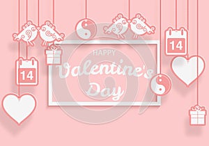 Happy Valentines day cut paper design, contain icons of hearts, birds, gift box, calendar and other symbols are hanging on top.