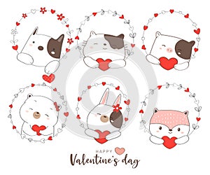 happy valentines day with cute animal cartoon hand drawn