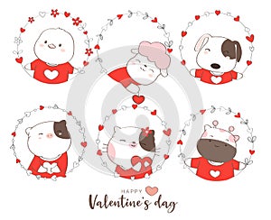 Happy valentines day with cute animal cartoon hand drawn
