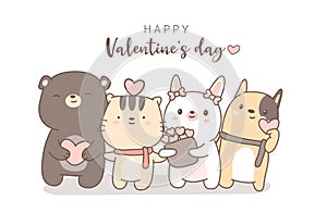 Happy valentines day with cute animal cartoon hand drawn style.vector