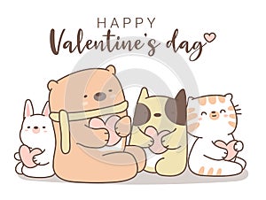 Happy valentines day with cute animal cartoon hand drawn style.vector