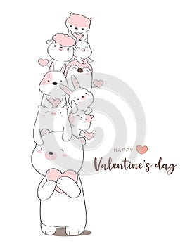 Happy valentines day with cute animal cartoon hand drawn style photo