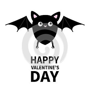 Happy Valentines Day. Cute black bat flying silhouette icon. Cartoon kawaii funny baby character with big open wing, eyes, ears,