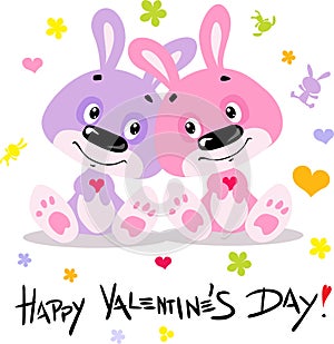 Happy Valentines Day with Cute Bunnies in Love - Flat Design illustration