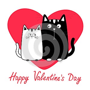 Happy Valentines Day. Cute cartoon black white cat boy and girl family.