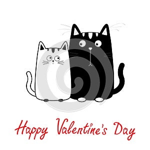 Happy Valentines Day. Cute cartoon black white cat boy and girl family. Kitty couple on date. Big mustache whisker. Funny photo