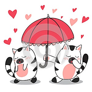 Happy Valentines Day of cute cat is umbrella for the other cat with love