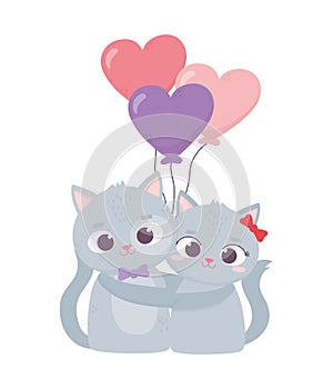 Happy valentines day, cute couple cat hugging balloons hearts love cartoon