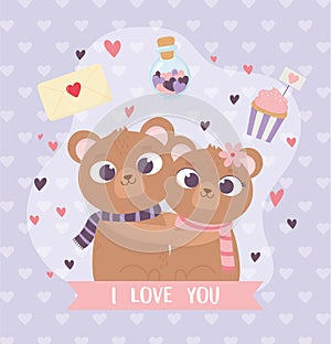 Happy valentines day cute couple embraced bears heart cupcake message love