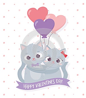 Happy valentines day cute couple embraced cats balloons shaped hearts love