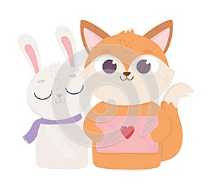 Happy valentines day, cute fox with envelope letter and rabbit heart decoration