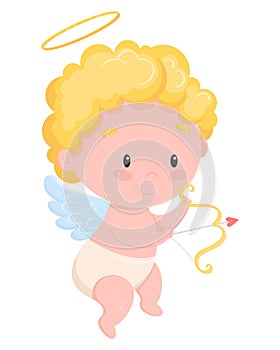 Happy Valentines day. Cute funny Cupid Angel with bow and love arrow. Cheerful Amur baby cartoon character. Stock vector