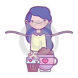 Happy valentines day, cute girl with cupcake and chocolate cup hearts love