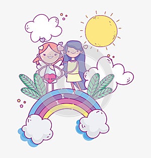 Happy valentines day, cute girl and cupid on rainbow foliage clouds sun