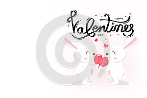 Happy Valentines day, cute white bunny, typography greeting card with handwritten calligraphy, decoration using for lovers,