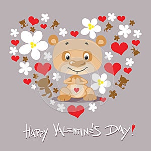 Happy valentines Day Design with Cute Bear, Heart and Flower - Flat Design