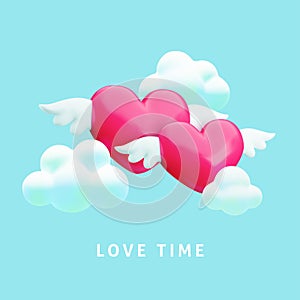 Happy Valentines Day design, Love time banner. couple of flying red hearts with white wings and clouds in blue sky