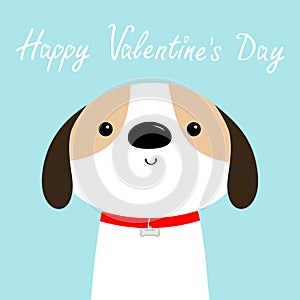 Happy Valentines Day. Dog face head. Red collar. White puppy pooch. Cute cartoon kawaii funny baby character. Flat design style.